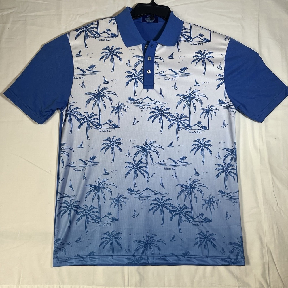 Ocean Blue Apparel Short Sleeve blue polo Shirt Large palm tree print